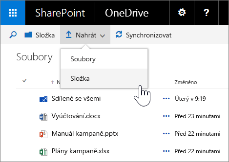 Snímek obrazovky s nahráváním složky na OneDrive pro firmy v SharePoint Serveru 2016 s balíčkem Feature Pack 1