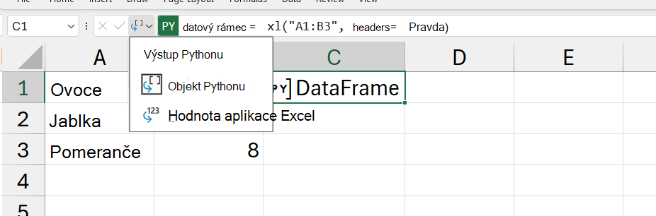 Otevřená nabídka výstupu Pythonu v Excelu