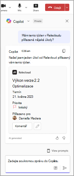 Snímek obrazovky počítačového programu Copilot, který reaguje na výzvu uživatele