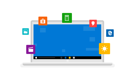 En bærbar computer, der er omgivet af ikoner for de mest populære Windows 10-funktioner