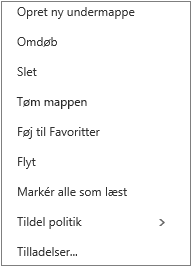 Kontekst- eller genvejsmenu, der vises, når du højreklikker på en personlig mappe