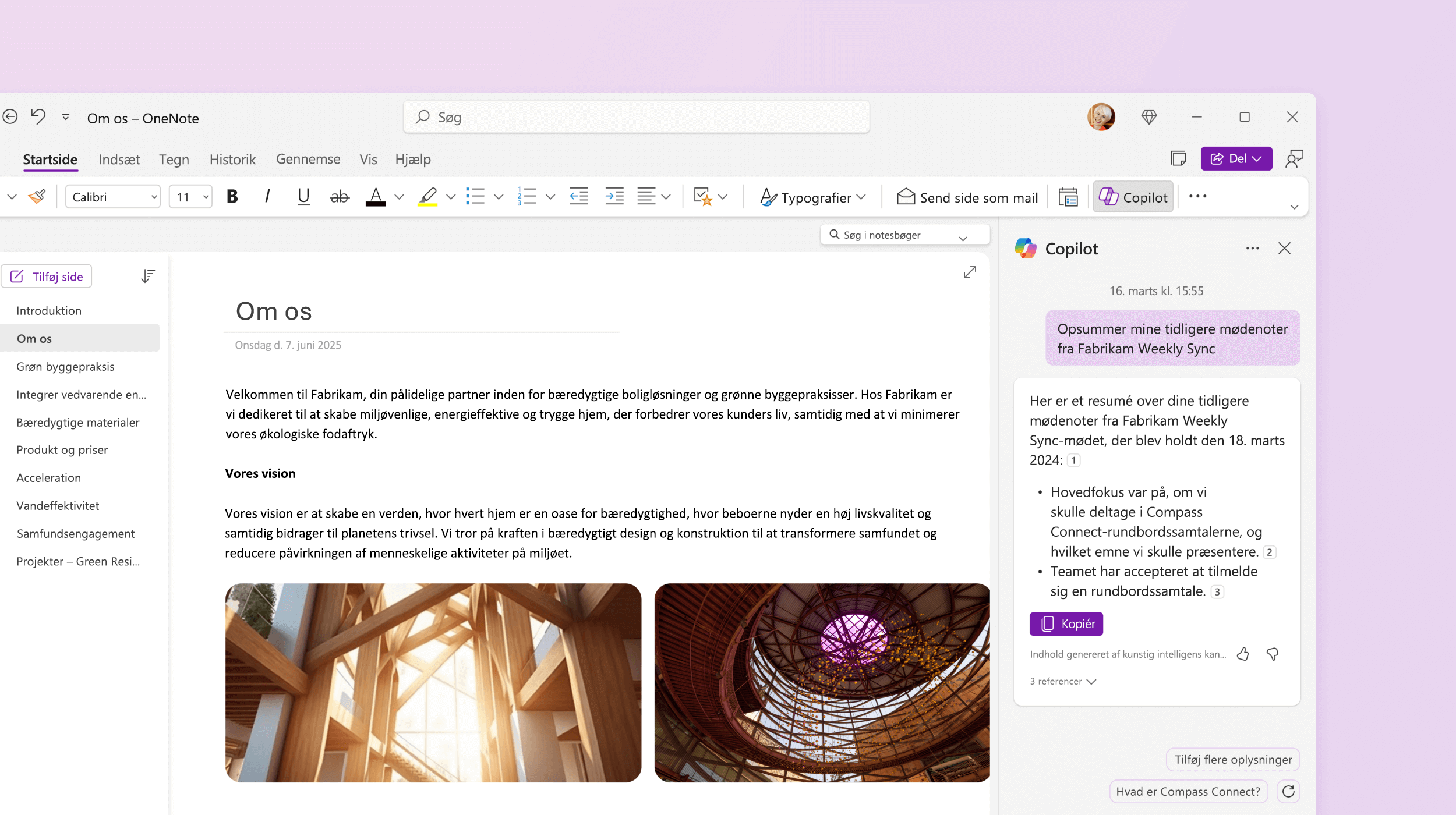 Skærmbillede, der viser Copilot i OneNote med en opsummering af noten.