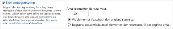 Angiv antallet af elementer, der skal vises på siden Vis indstillinger