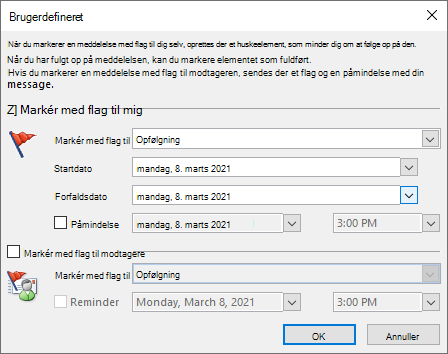 Outlook brugerdefineret vindue til opsætning af flag