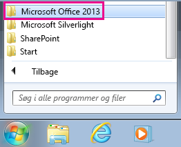 Office 2013 under Alle programmer i Windows 7