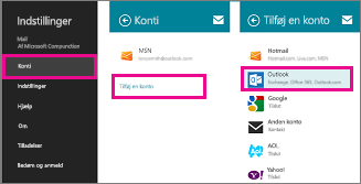 Windows 8 Mail-menusider: Indstillinger > Konti > Tilføj en konto