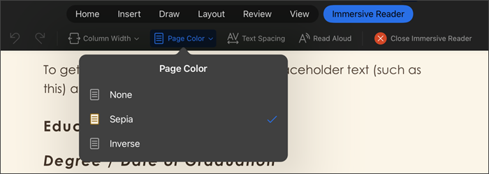 skærmbillede af Forenklet læser med sidefarve valgt, indstillinger er ingen, sepia, invers