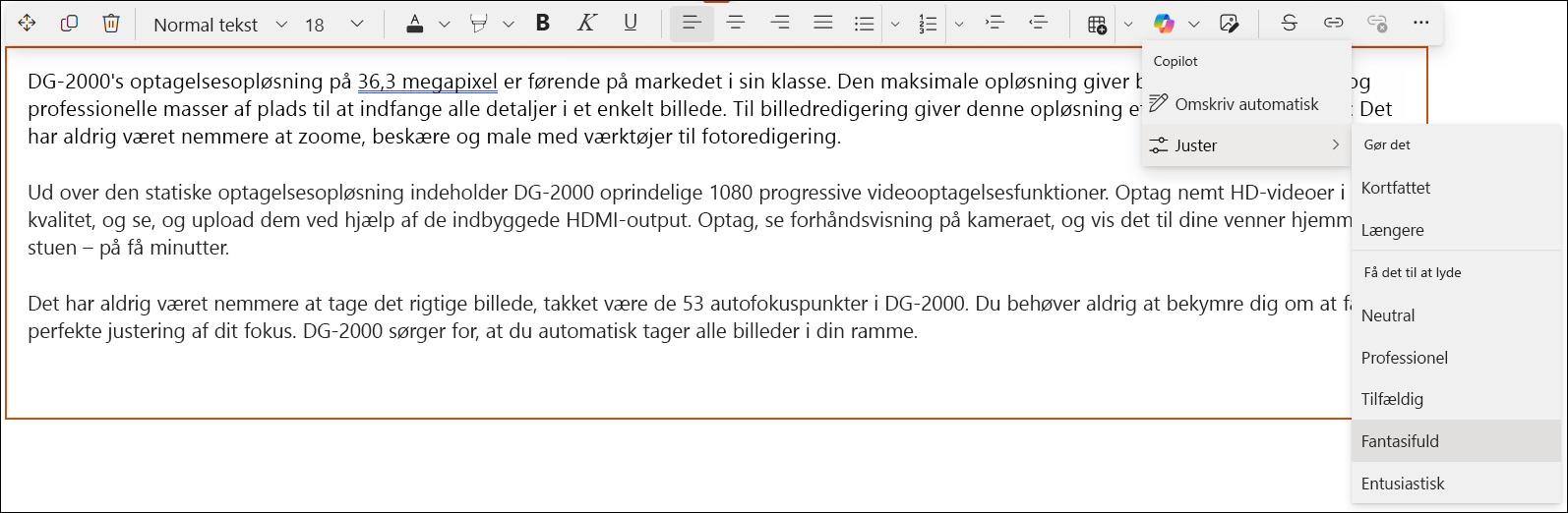 Skærmbilledet af en hurtig visning af Copilot i SharePoint-editor