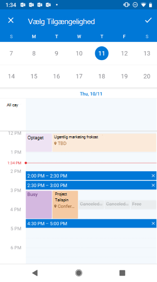 Viser en kalender på et Android-skærmbillede. Over kalenderen står der "Vælg tilgængelighed", og der er en afkrydsningsknap til højre for den.