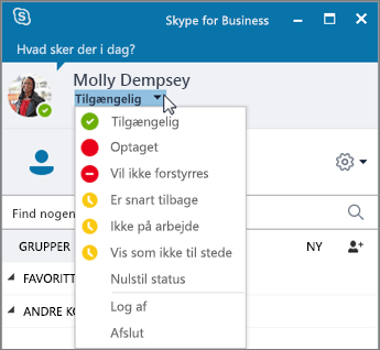 Skærmbillede af Skype for Business-vinduet med menuen Status åben.