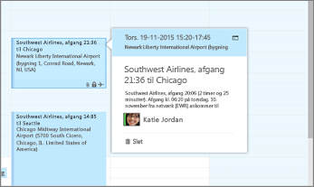 Skærmbillede af Outlook, som viser flyrejseoplysninger.