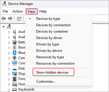 Skærmbillede af vinduet Enhedshåndtering med indstillingen Vis valgt på menubåndet og indstillingen Vis skjulte enheder fremhævet med rødt.
