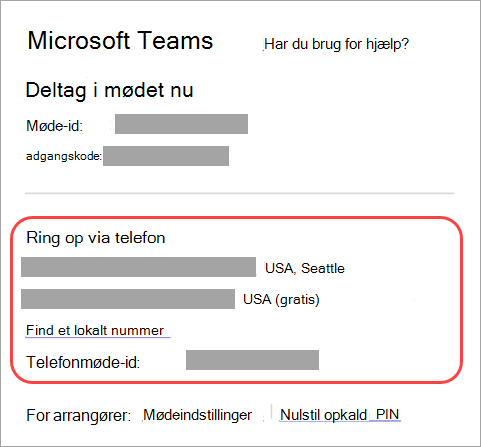 Skærmbillede, der viser, hvor du kan ringe til et Teams-møde.