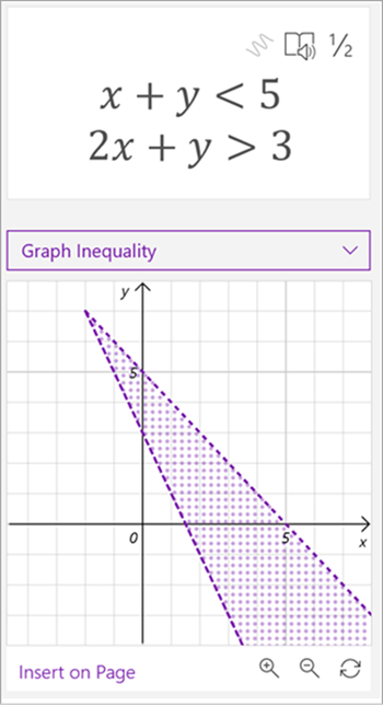 skærmbillede af den matematiske assistents genererede graf over ligninger x plus y er mindre end 5, 2x plus y er større end 3, begge linjer afbildes, og området mellem dem er nedtonet