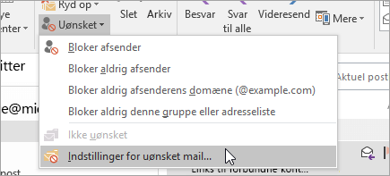 Et skærmbillede af knappen Indstillinger for uønsket mail
