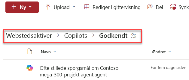 skærmbillede af mappestrukturen for, hvor du kan gemme en godkendt Copilot-agent