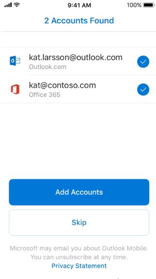Viser et Outlook-skærmbillede med to mailadresser angivet – en, der er en Outlook-mail, og en, der ikke er.