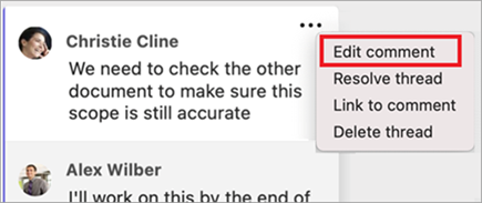 Kommentar i Word på Mac, hvor menuen Med flere indstillinger har indstillingen "Rediger kommentar" markeret.
