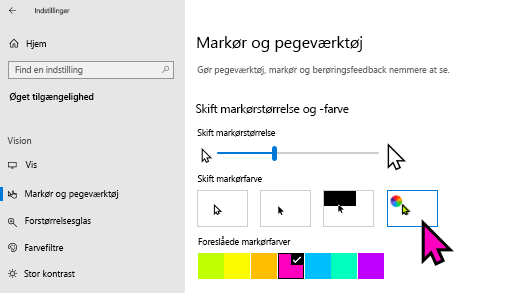 Skift størrelse og farve for markøren Windows 10 Indstillinger appen