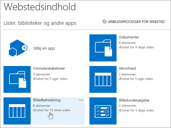 Side med webstedsindhold, hvor listen er valgt