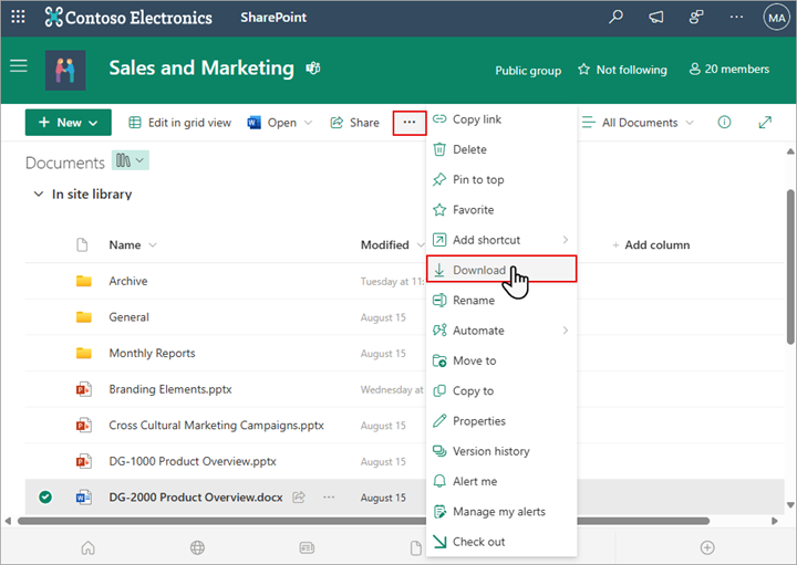 Brug kommandoen Download i SharePoint til at downloade og gemme en lokal kopi af en fil eller mappe.