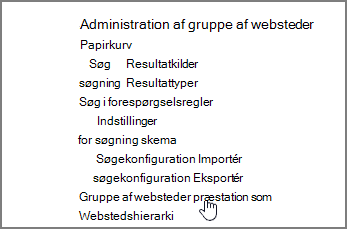 Funktionen gruppe af websteder, der er valgt i menuen administration af gruppe af websteder under indstillinger