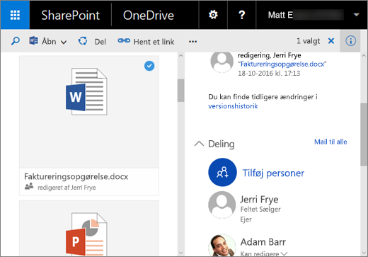 Skærmbillede af detaljeruden i OneDrive for business i SharePoint Server 2016 med funktionspakke 1
