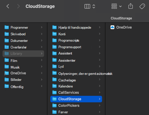 Skærmbillede af macOS Finder, der viser OneDrive-placering