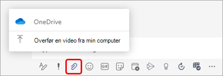 Placeringen af ikonet Vedhæft for at føje en fil til en chatmeddelelse. Det er tredje ikon fra venstre under det sted, hvor du skriver en meddelelse.