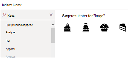 Siden Indsæt ikoner med "Kage" i søgefeltet, og 4 forskellige lagkageikoner vises