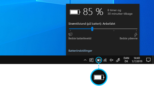 Batteristatus på Windows 10-proceslinjen.