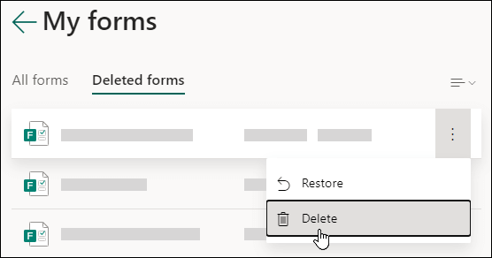 Sletning af en formular på fanen Slettede formularer i Microsoft Forms.