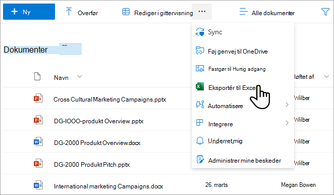 Eksportér lister og biblioteker ved hjælp af Eksportér til Excel.