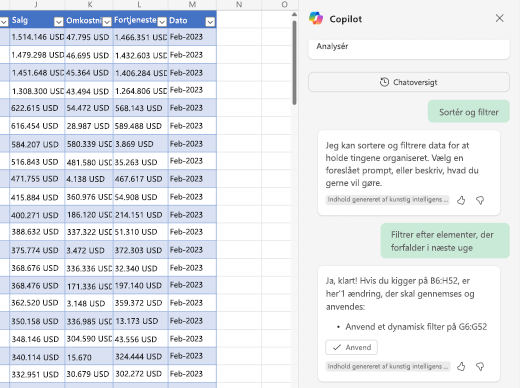 Skærmbillede af, hvordan du filtrerer data ved hjælp af Copilot i Excel.