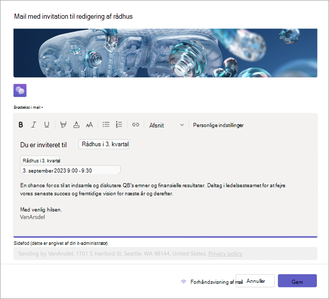 Skærmbillede, der viser, hvordan du redigerer invitationer til forsamling via mail