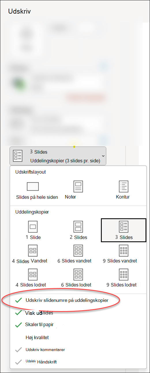 Dialogboksen Udskriv i PowerPoint, der viser muligheden for at udskrive slidenumre på uddelingskopier.