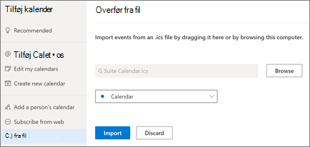Upload af en kalender i Outlook på internettet