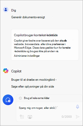 Første gang du får besked om en brug af dine browserdata til kontekst med Copilot i Microsoft Edge.