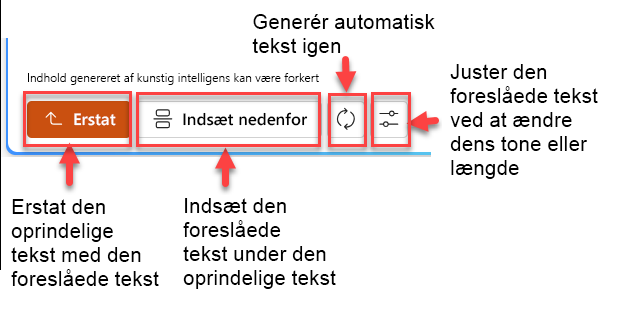 Skærmbillede af foreslået tekstrude med fire knapper: erstat, indsæt nedenfor, genopret og juster.