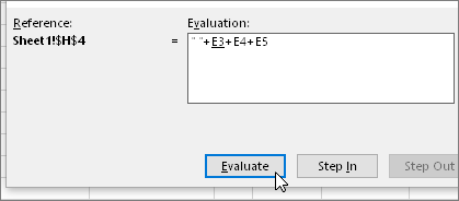 Dialogboksen Evaluer formel med " "+E3+E4+E5