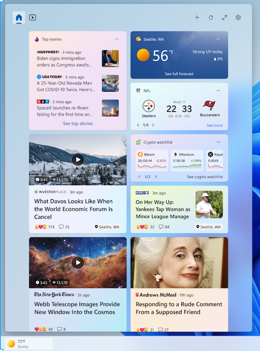 Skærmbillede af widgets-tavlen på Windows 11 skrivebordet.