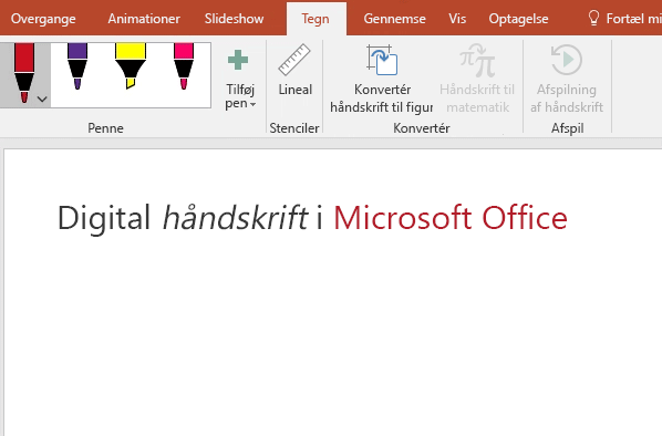 "Hej" er skrevet på PowerPoint-lærredet i digital håndskrift.