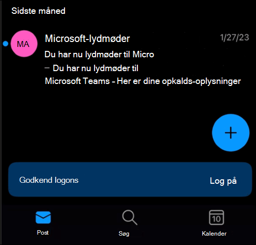 En indbakke i Outlook Mobile, der viser et banner nederst på skærmen med en "log på"-knap.