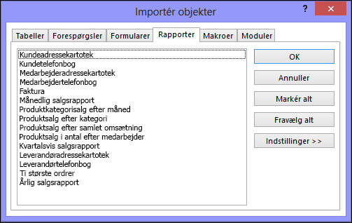 Dialogboksen Importer objekter i en Access-database