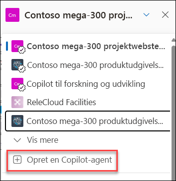 Skærmbilledet af oprettelse af en ny Copilot-agent fra chatruden