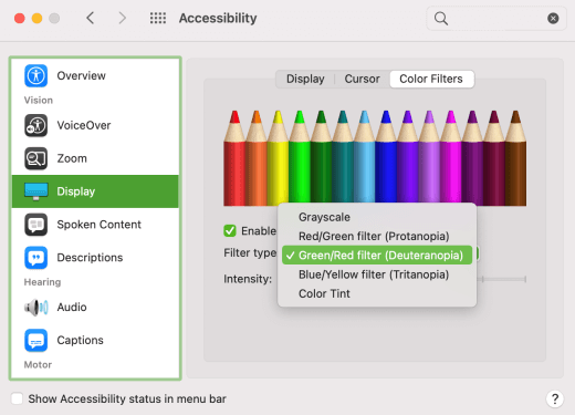 Farvefiltrene for farveblindhed vist i macOS.