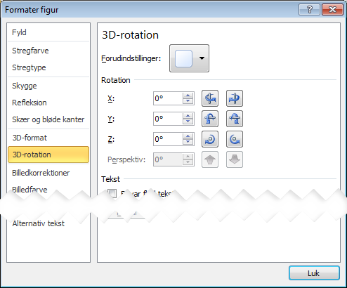 Indstillinger for 3D-rotation i dialogboksen Formatér figur
