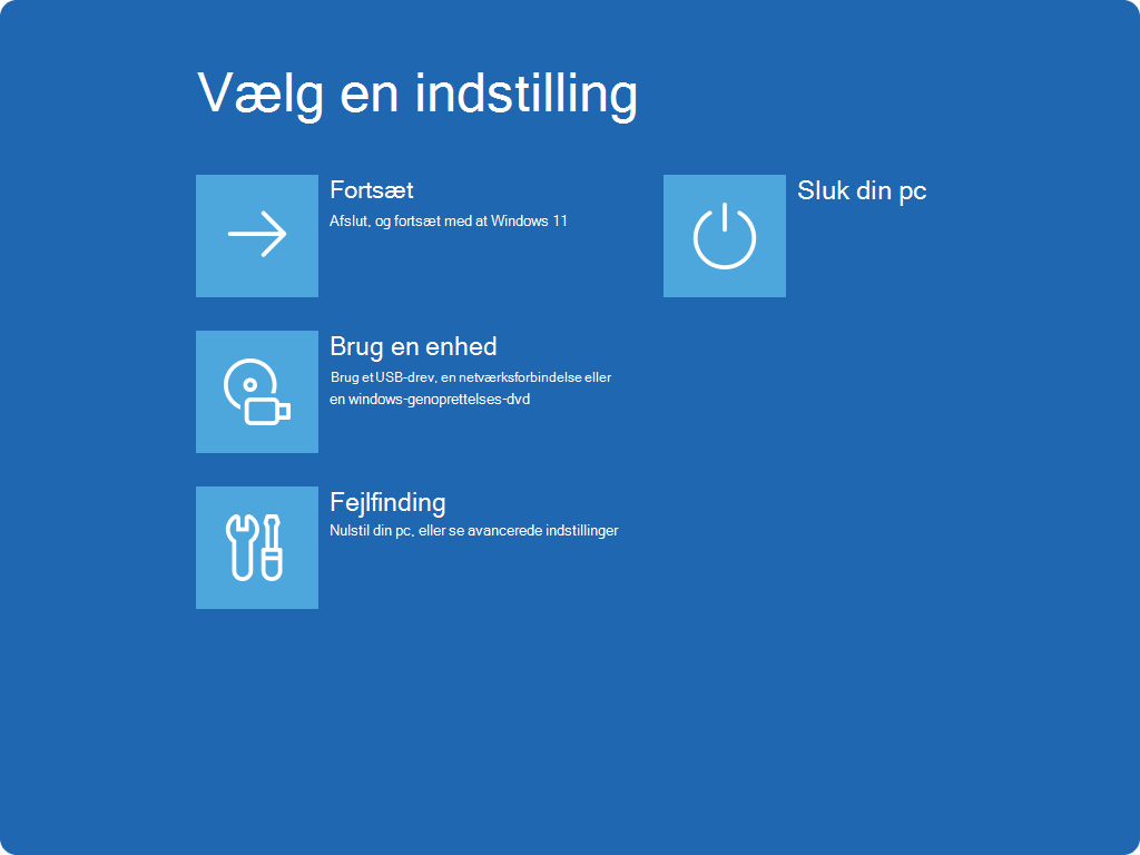 Skærmbillede af skærmbilledet Vælg en indstilling i Windows RE.