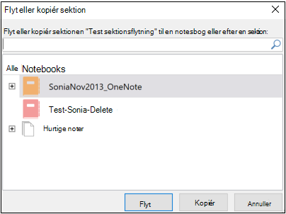 Dialogboksen Flyt eller kopiér sektioner i OneNote til Windows 2016