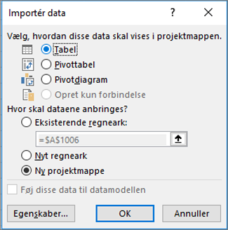 Dialogboksen Importer data i Excel 2016